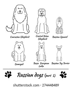Set of Russian dogs - part 1. Vector Illustration of six different breeds of dogs: Caucasian Shepherd, Central Asian Shepherd, Russian Spaniel, Samoyed, Russo European Laika, Russian Toy Terrier