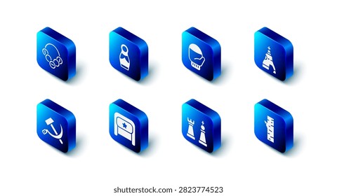 Set Russian doll matryoshka, Christmas mitten, The Tsar bell, Birch tree, Chess, Ushanka, Hammer and sickle USSR and bagels icon. Vector
