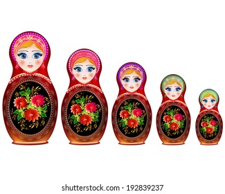 Set of russian doll toys isolated on white background. Nesting matryoshka girl family, souvenir from Russia in floral dress.  Isolated on white vector cartoon illustration