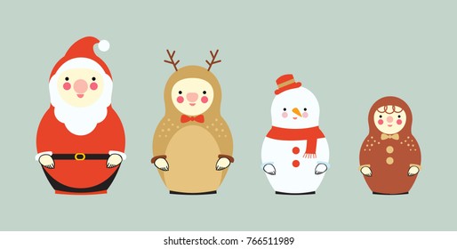 Set of Russian dolls family dressed Christmas clothes, vector design