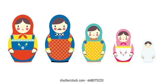 Set Of Russian Dolls Family, Vector Design