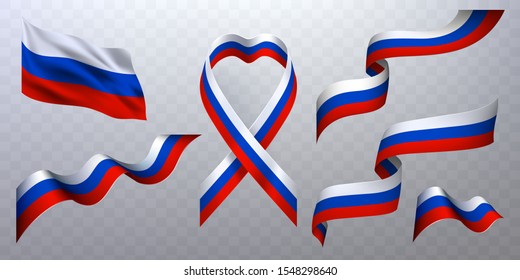 Set of Russian Federation flags and  ribbons on a transparent background. Vector stock photorealistic attributes and symbols with blue, red, white colors  for holiday design.