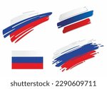 Set of russian flags, in different styles - correct, brush, marker and swoosh design. Represents the state of Russia.