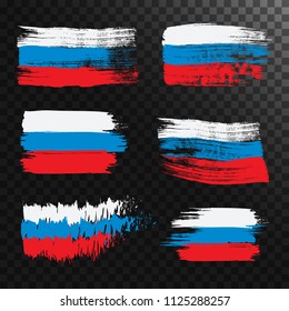 Set of Russian grunge flags, isolated on transparent background. Vector illustration.