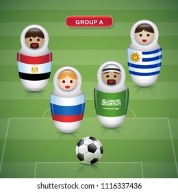 Set of russian matryoshka dolls in soccer 2018 championship tournament in russia - GROUP A Russia Saudi Arabia Egypt Uruguay vector illustration