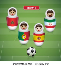 Set of russian matryoshka dolls in soccer 2018 championship tournament in russia - GROUP B Portugal Spain Morocco Iran vector illustration