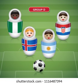 Set of russian matryoshka dolls in soccer 2018 championship tournament in russia - GROUP D Argentina Iceland Croatia Nigeria vector illustration
