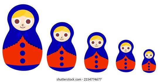 Set of russian nesting dolls isolated on white background.Happy holiday.Matryoshka concept.Day of Russia.June 12.Sign, symbol, icon or logo.Cartoon vector illustration.Flat design.