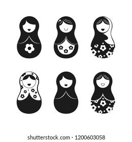 Set of Russian nesting dolls, Matryoshka. Vector Russian nesting dolls, babushka doll. Vector matreshka. Vector illustration. Black and white.