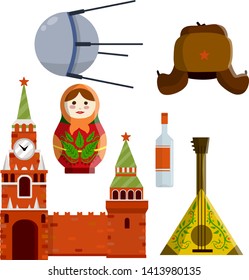Set of Russian objects. Moscow Kremlin, matryoshka, balalaika, satellite, bottle of vodka, Symbol of USSR. National recreation and tourism in European Russia. Flat cartoon. hat with red star.