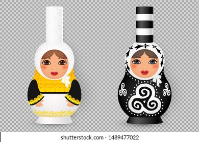 Conjunto de muñecas rusas realistas matryoshka estilizadas con trajes bretones tradicionales y decoradas con triskels y hermines (símbolos celtas). Ilustración vectorial sobre la imitación de fondo transparente.