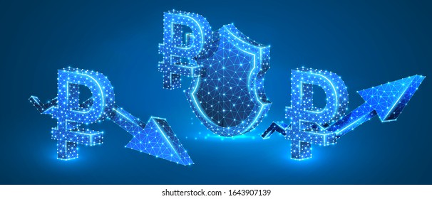 Set of Russian Ruble symbols, security shield, growth and downtrend arrows. Money tendency and protection. Low poly, wireframe 3d vector illustration. Abstract polygonal image on blue neon background