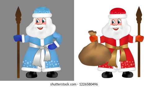 Set Russian Santa Claus or Father Frost also known as Ded Moroz in blue and red fur coat. Funny New Year characters. Saint Nicholas, Saint Nick, Kris Kringle isolated. Vector Illustration.