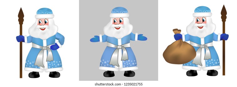 Set Russian Santa Claus or Father Frost also known as Ded Moroz in blue fur coat. Saint Nicholas, Saint Nick, Kris Kringle isolated. Funny New Year characters. Vector Illustration.