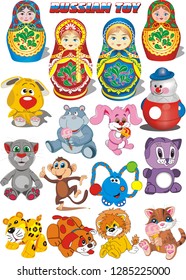 set - Russian toy: monkey, elephant, Hippo, tiger, lion, kitten, puppy, rabbit, matryoshka, roly poly in vector