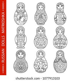 Set of Russian traditional nested dolls (matryoshka). Black and White Illustration. Template for style design.  