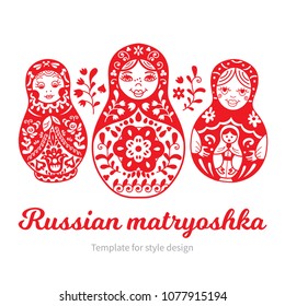 Set of Russian traditional nested dolls (matryoshka). Black and White Illustration. Template for style design.  
