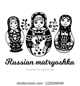Set of Russian traditional nested dolls (matryoshka). Black and White Illustration. Template for style design.  