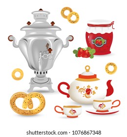 Set for russian traditional tea party. Samovar. strawberry jam, bagels, teapot with cups