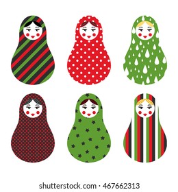 Set of russian traditional wooden toys, babushka, matryoshka, simple USSR elements. Vector illustration. Geometric ornaments are under clipping masks. Retro nested doll design background. Kids theme.