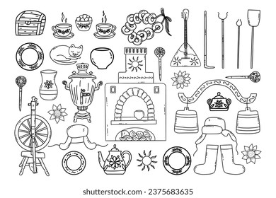 Set of Russian village elements. Ancient Russian culture. Stove and samovar, yoke and spinning wheel, tea set and earthenware. Black and white vector isolated illustration hand drawn doodle