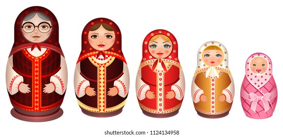 Set russian wooden nesting doll. Traditional retro souvenir from Russia. Isolated on white vector cartoon illustration