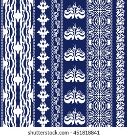 Set of rustic bohemian borders. Damask seamless pattern, leaves stripes, gypsy and ethnic motifs. Ethnic textile collection. White on dark blue.