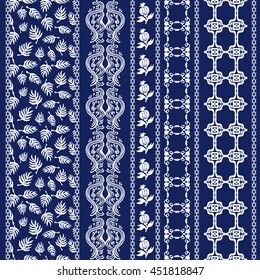Set of rustic bohemian borders. Damask seamless pattern, leaves stripes, gypsy and ethnic motifs. Ethnic textile collection. White on dark blue.
