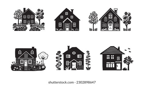 Set of rustic cottage motif in homestead vintage style. Vector illustration of whimsical rural country house. 