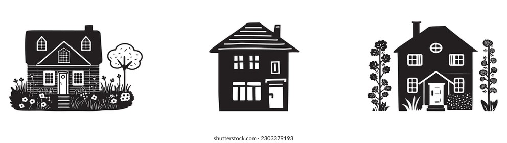 Set of rustic cottage motif in homestead vintage style. Vector illustration of whimsical rural country house. 