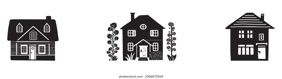 Set of rustic cottage motif in homestead vintage style. Vector illustration of whimsical rural country house. 