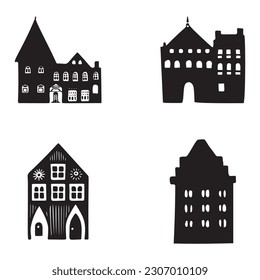 Set of rustic cottage motif in homestead vintage style. Vector illustration of whimsical rural country house. 