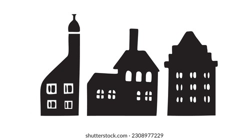 Set of rustic cottage motif in homestead vintage style. Vector illustration of whimsical rural country house. 