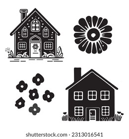 Set of rustic cottage motif in homestead vintage style. Vector illustration of whimsical rural country house with flower.