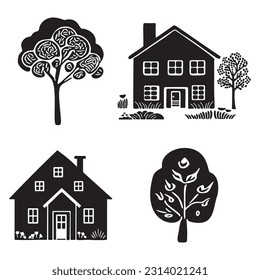 Set of rustic cottage motif in homestead vintage style. Vector illustration of whimsical rural country house with tree. 