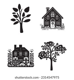 Set of rustic cottage motif in homestead vintage style. Vector illustration of whimsical rural country house with tree. 