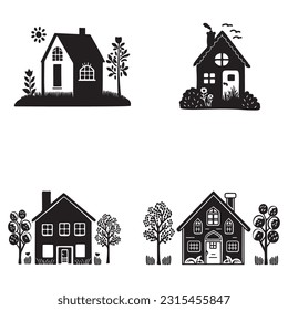 Set of rustic cottage motif in homestead vintage style. Vector illustration of whimsical rural country house. 