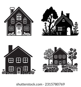 Set of rustic cottage motif in homestead vintage style. Vector illustration of whimsical rural country house. 
