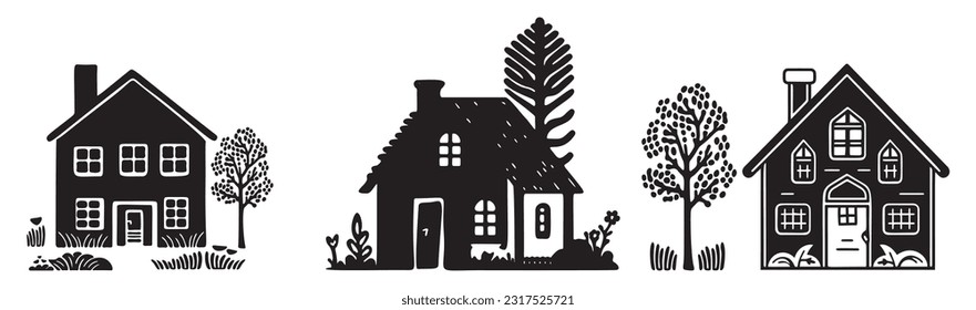 Set of rustic cottage motif in homestead vintage style. Vector illustration of whimsical rural country house. 