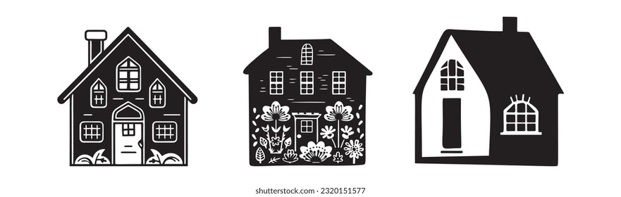 Set of rustic cottage motif in homestead vintage style. Vector illustration of whimsical rural country house. 