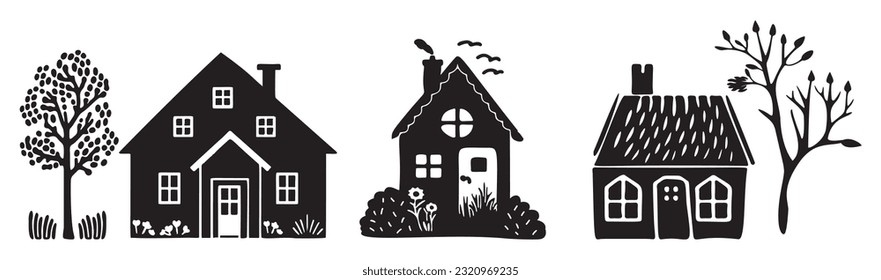 Set of rustic cottage motif in homestead vintage style. Vector illustration of whimsical rural country house. 