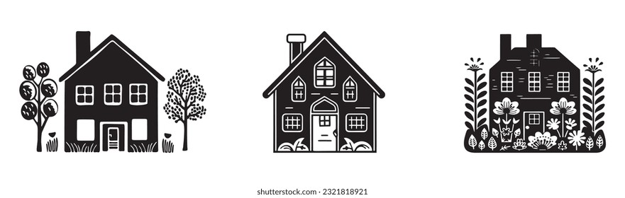 Set of rustic cottage motif in homestead vintage style. Vector illustration of whimsical rural country house. 