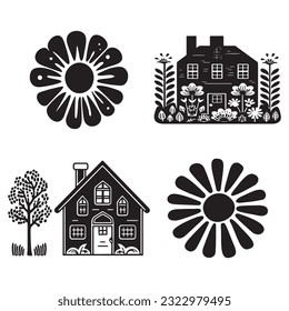Set of rustic cottage motif in homestead vintage style. Vector illustration of whimsical rural country house with flower.