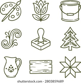 Set of rustic craft and nature line featuring a paint palette, flower, paint bucket, scroll, stamp, pine tree, pitcher, wood plank