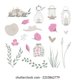 Set of rustic decoration vector elemets. Boho design for wedding day.