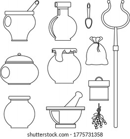 A set of rustic dishes and kitchen equipment. Vector illustration of the icon.