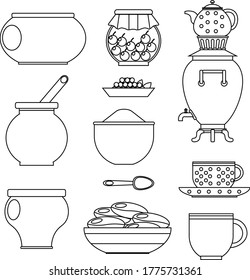 A set of rustic dishes and kitchen equipment. Vector illustration of the icon.