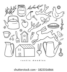 Set of rustic doodles isolated on white. Vector sketches with countryside vibe: barn, gardening tools, chicken, pie, kettle.
