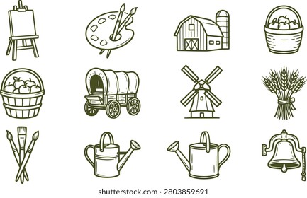 Set of rustic farm and studio line featuring an easel, paint palette, barn, apple basket, covered wagon, windmill, wheat, brushes