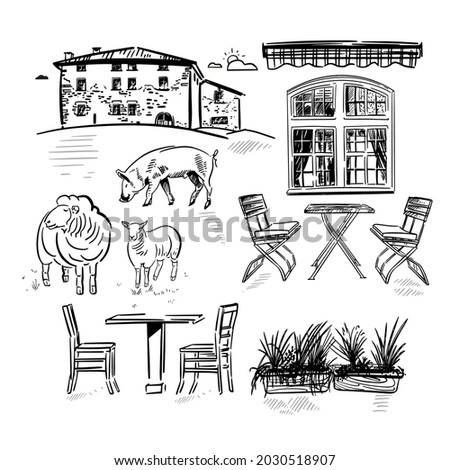Set of rustic icons animals buildings and landscape for design. Vector hand drawn sketches.